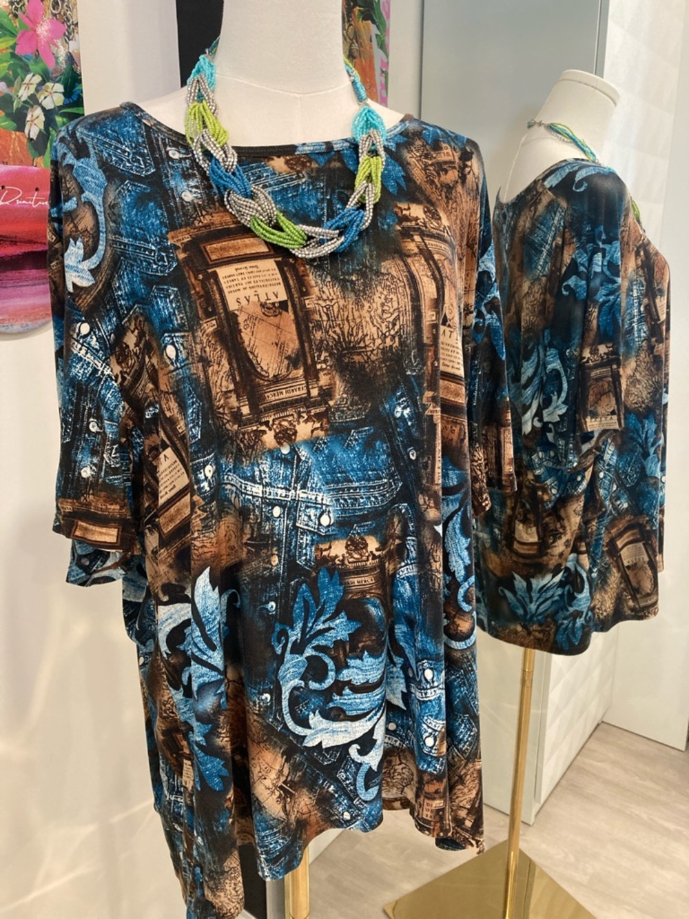 Printed Scoop Neck Women's Top in Blue and Brown